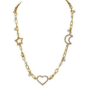 Crystal charm gold link necklace with heart moon star clover teardrop charms
